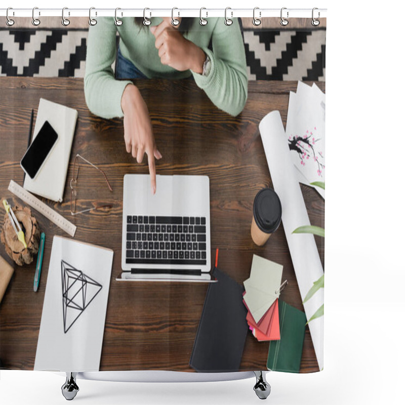 Personality  Top View Of African American Interior Designer Pointing At Laptop Near Pyramid Model, Smartphone And Paper Cup On Desk Shower Curtains