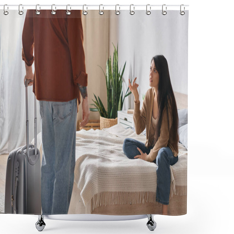 Personality  Upset Asian Woman Sitting On Bed And Talking At Husband With Suitcase At Home, Divorce Concept Shower Curtains