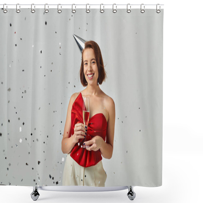 Personality  Merry Christmas Party, Positive Woman In Party Cap Holding Glass Of Champagne Near Confetti On Grey Shower Curtains