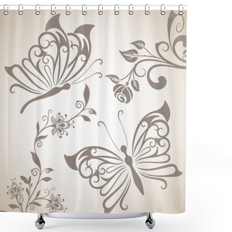 Personality  Butterflies And Flowers Shapes Background Shower Curtains