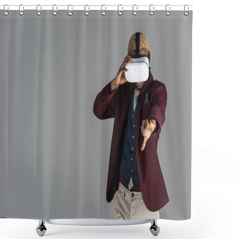 Personality  African American Man With Vr Glasses With Arm Outstretched On Grey Background     Shower Curtains