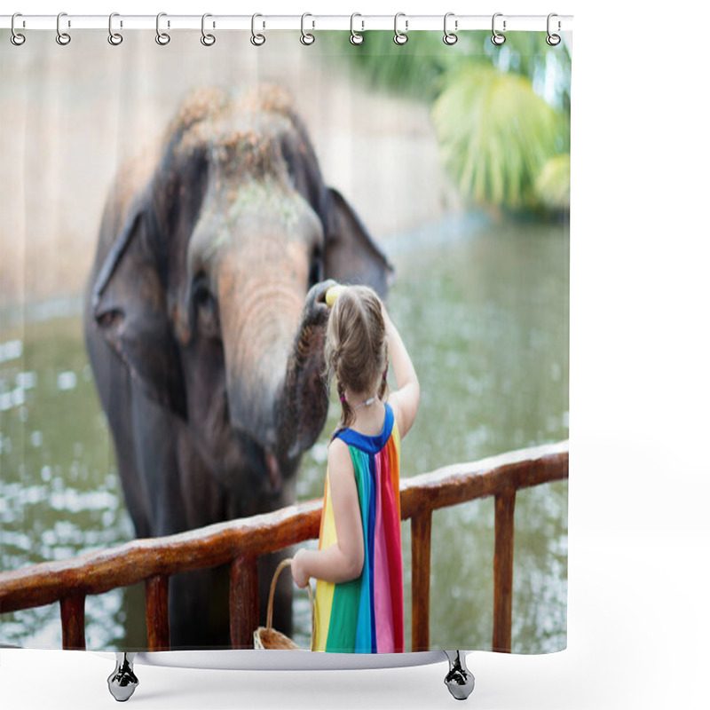 Personality  Kids Feed Elephant In Zoo. Family At Animal Park. Shower Curtains