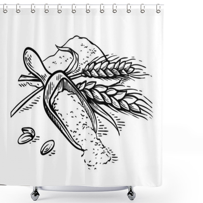 Personality  Wooden Scoop Of Fresh Ears Of Wheat Flour On White Background Shower Curtains