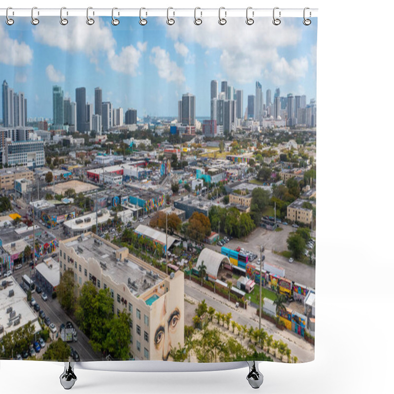 Personality  Aerial Drone Shot Of Artistic Area In Wynwood, Miami, Intervened Buildings, Colorful, Modern Towers And Condos, Blue Sky, Shower Curtains