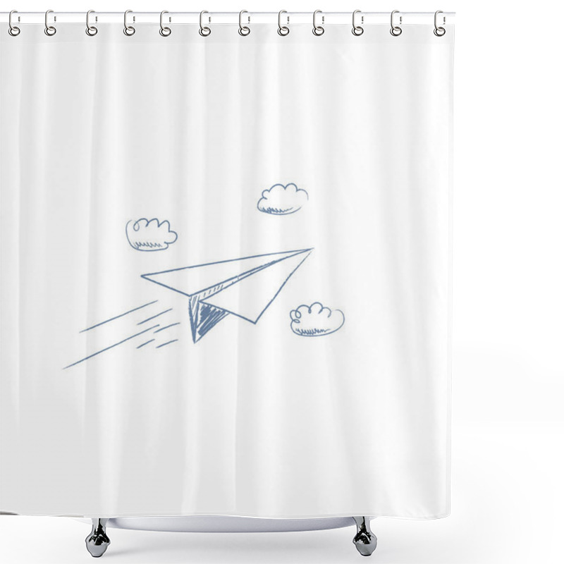 Personality  Hand Drawn Sketch Of Paper Plane Flying Between Clouds. Pencil Cartoon For Business Concept Of Freedom, Challenge Or Summer Travel. Shower Curtains