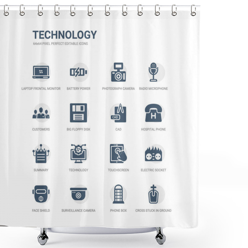 Personality  Simple Set Of Icons Such As Cross Stuck In Ground, Phone Box, Surveillance Camera, Face Shield, Electric Socket On Fire, Touchscreen, Technology, Summary, Hospital Phone, Cad. Related Technology Shower Curtains