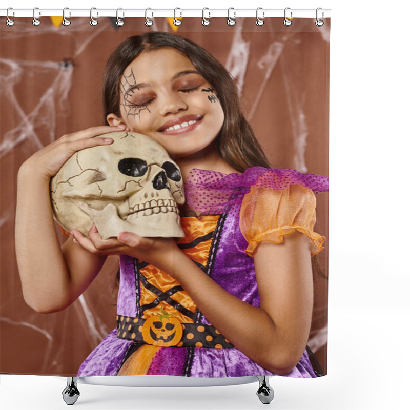 Personality  Positive Girl In Dress Holding Skull And Smiling On Brown Background, Halloween Spooky Season Shower Curtains