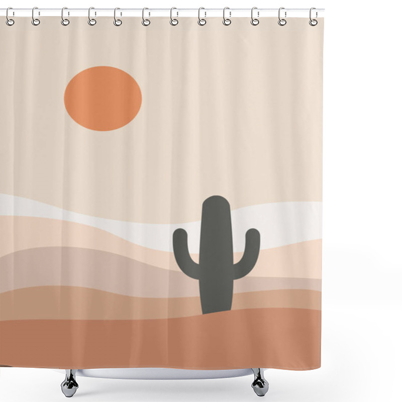 Personality  Abstract Mexican Desert Landscape Illustration With Sun, Sand Dunes And Cactus Decoration On Pastel Pink Background Shower Curtains