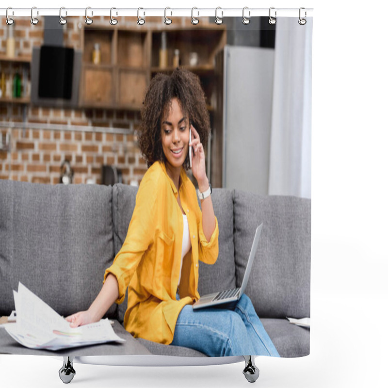 Personality  Attractive Young Woman Working And Talking By Phone At Home On Couch Shower Curtains