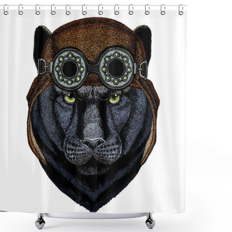 Personality  Black Panther, Puma. Head Of Animal. Wild Cat Portrait. Aviator Flying Leather Helmet With Googles. Shower Curtains