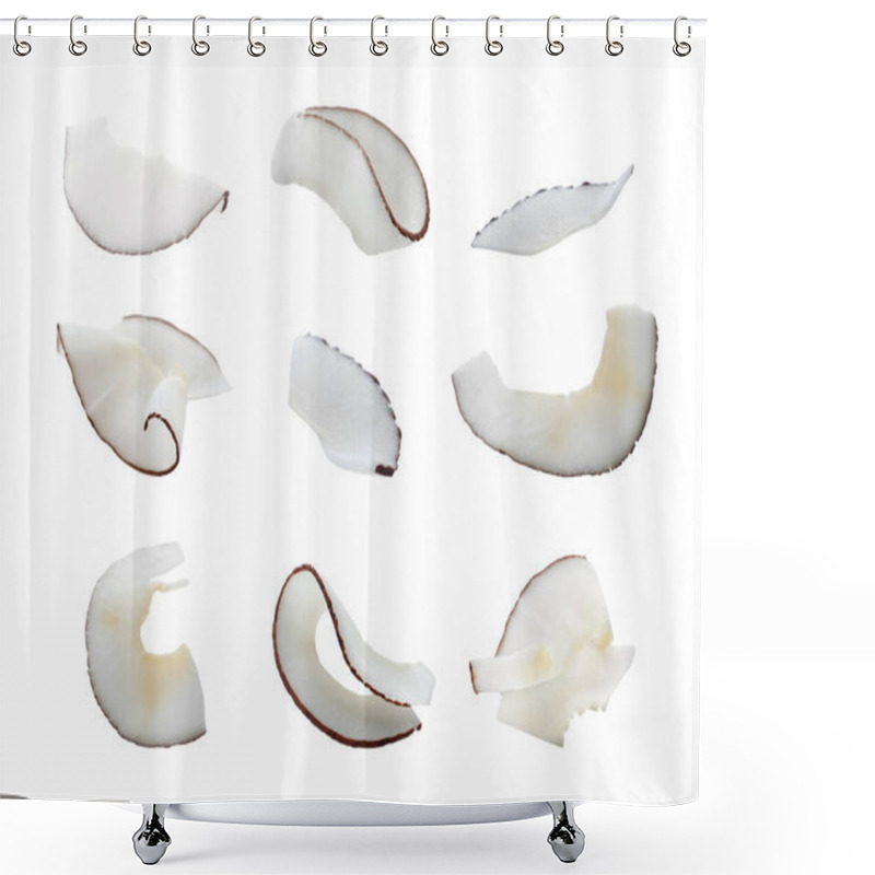 Personality  Set With Fresh Coconut Flakes Isolated On White Shower Curtains