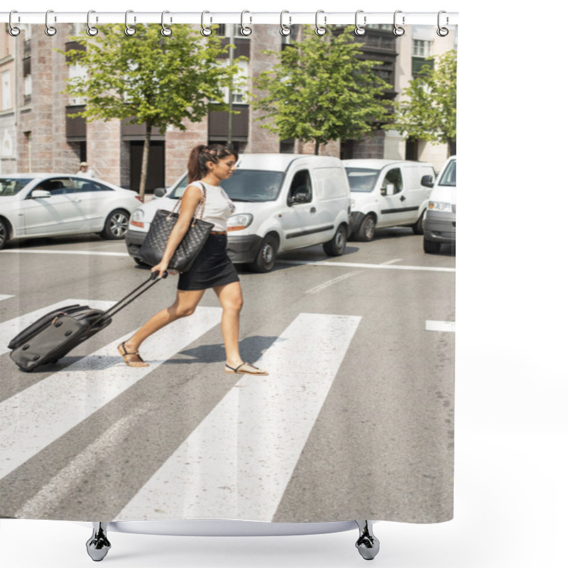 Personality  Business Woman Crossing The Street With Luggage. Shower Curtains