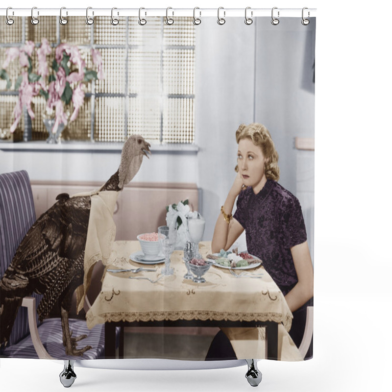 Personality  Woman Eating Meal At Table With Live Turkey Shower Curtains