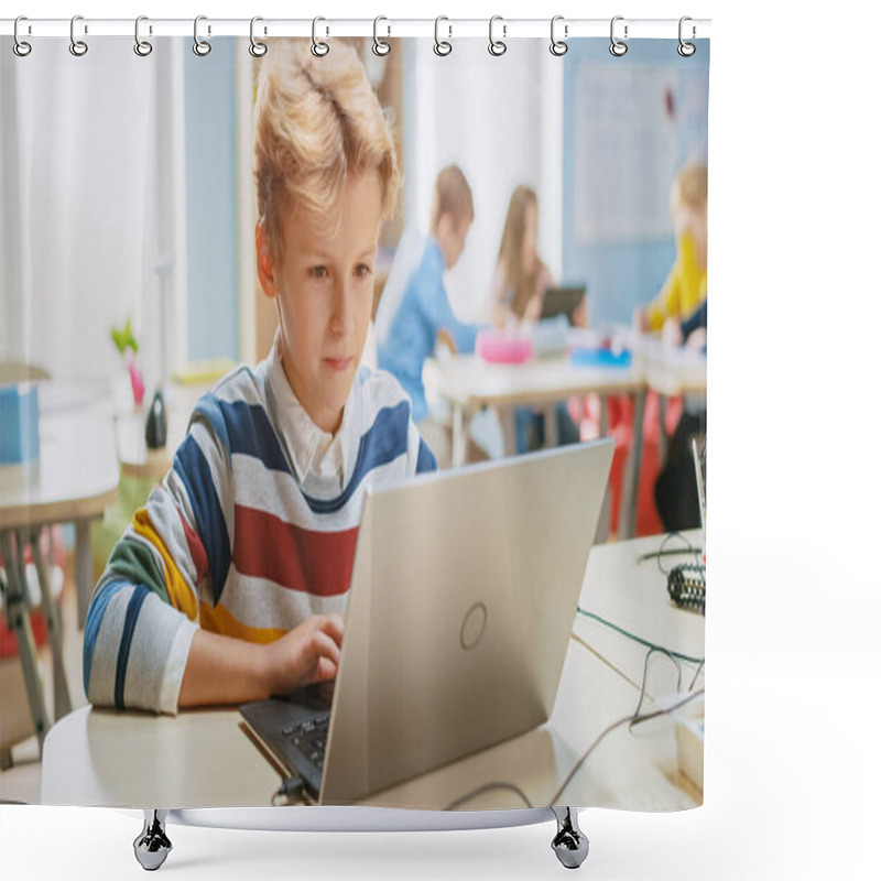 Personality  Smart Schoolboy Uses Laptop To Program Software For Robotics Engineering Class. Elementary School Science Classroom With Gifted Brilliant Children Working With Technology Shower Curtains