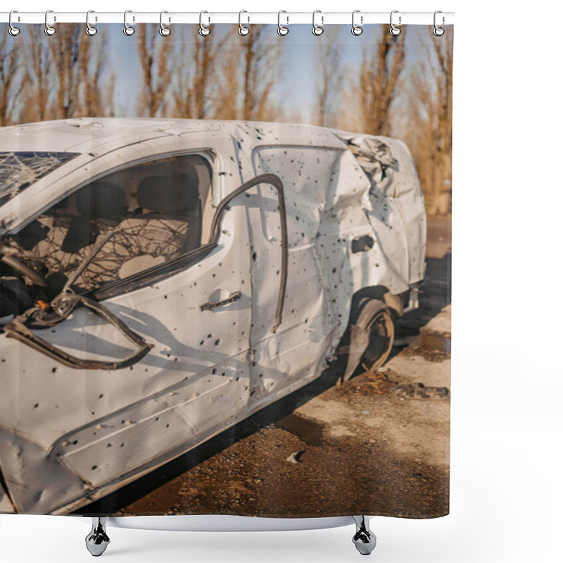 Personality  Borodyanka, Kyiv Region, Ukraine. April 08, 2022: Twisted Wreckage Of Car Being Destroyed By Russian Army  Shower Curtains