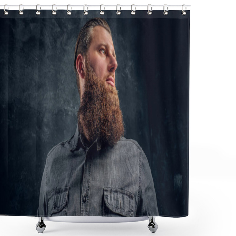 Personality  Close-up Portrait Of A Man With A Stylish Haircut And Beard Wearing A Gray Shirt. Shower Curtains