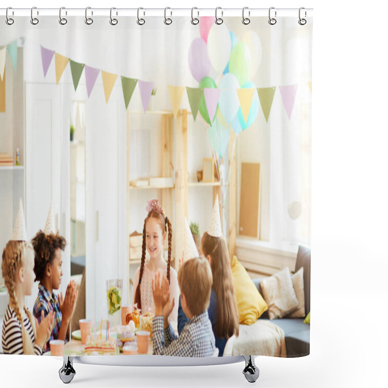 Personality  Portrait Of Happy Red Haired Girl Celebrating Birthday  Party Sitting At Table With Friends, Copy Space Shower Curtains