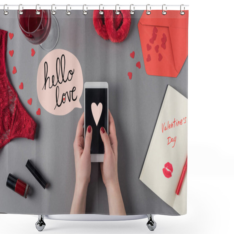 Personality  Cropped Image Of Woman Holding Smartphone With Heart On Screen, Valentines Day Concept Shower Curtains