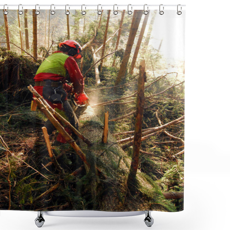 Personality  A Lumberjack With A Chainsaw Cutting Trees In The Forest Shower Curtains