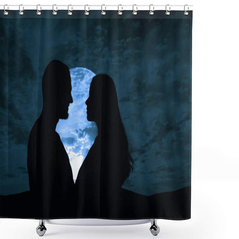 Personality  Silhouette Of Happy Young Couple Love Outside At Sunset. Happy Man And Woman In Sunlight Evening Sky In Mountains.  Shower Curtains