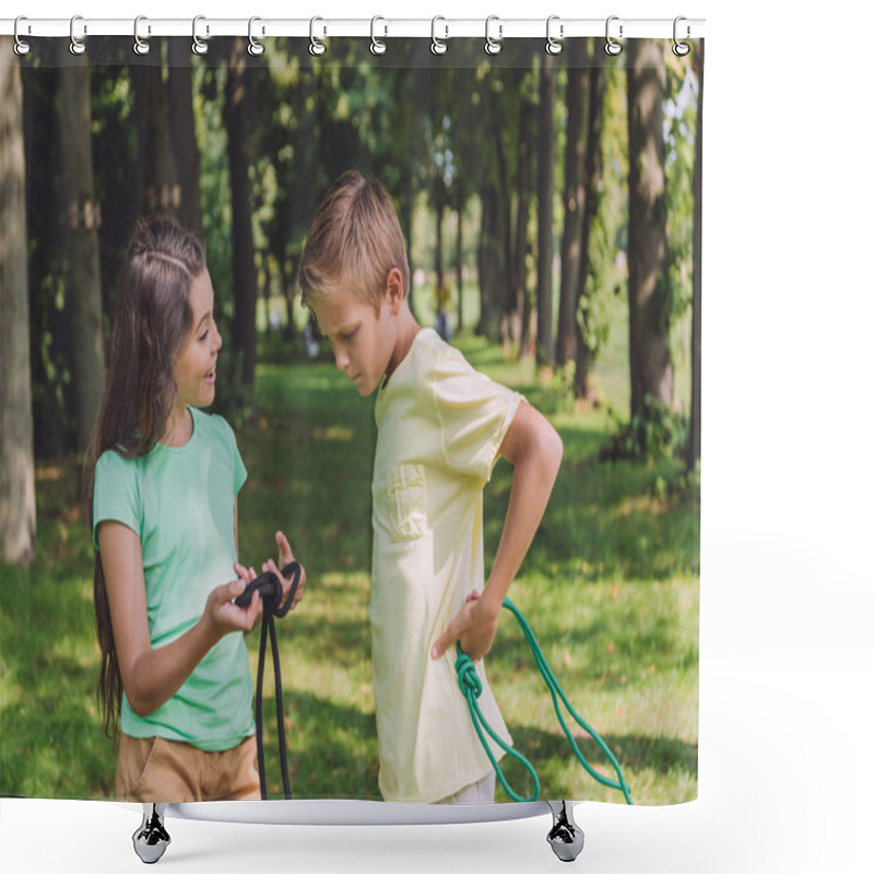 Personality  Happy Kid Holding Rope With Sea Knot Near Friend  Shower Curtains