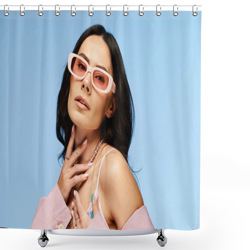 Personality  A Stylish Woman Strikes A Pose In Pink Sunglasses Against A Vibrant Blue Backdrop In A Summer-inspired Studio Setting. Shower Curtains