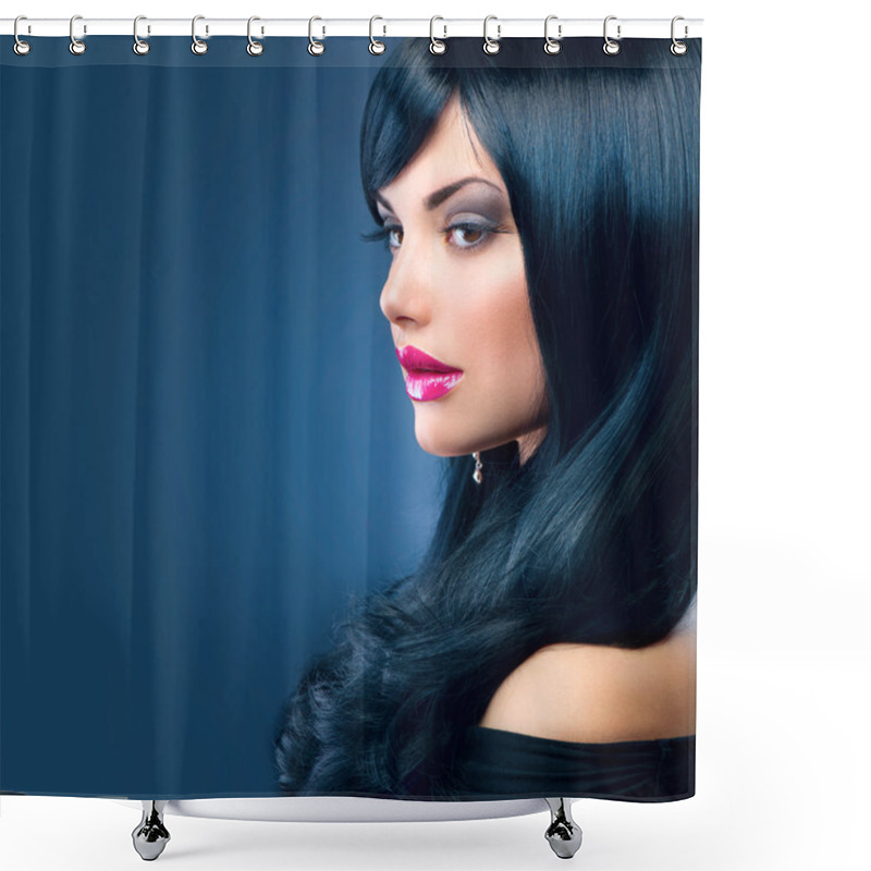 Personality  Beautiful Brunette Woman. Healthy Long Black Hair Shower Curtains