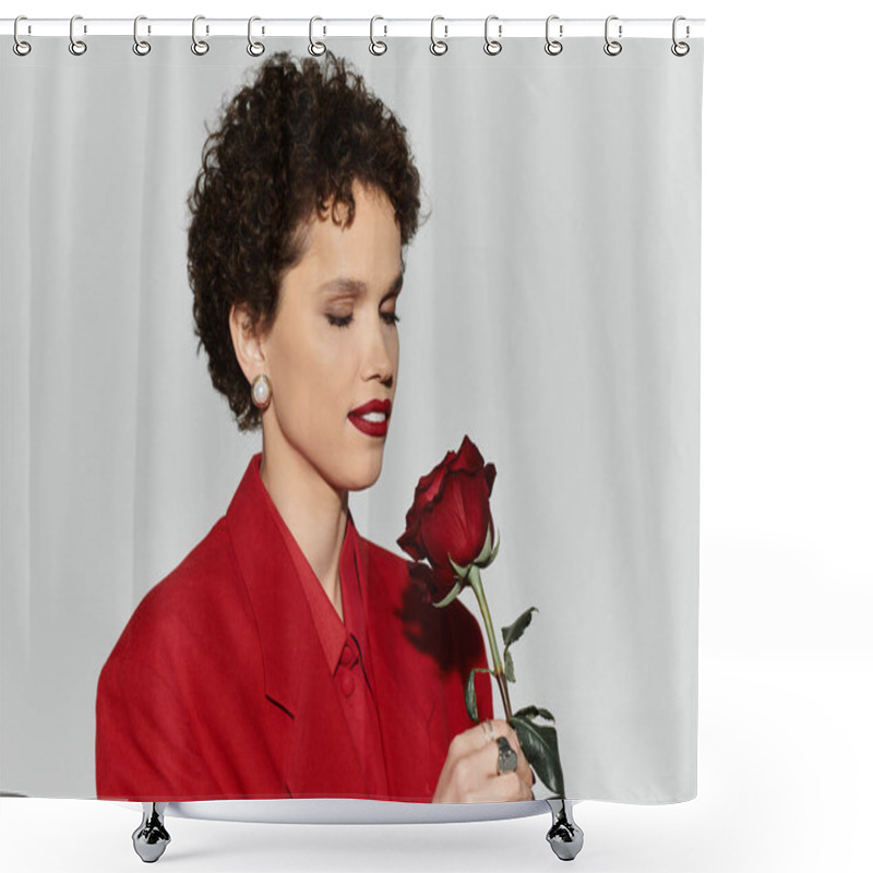 Personality  A Beautiful Woman Exudes Charm While Gently Holding A Red Rose, Showcasing Her Elegant Style. Shower Curtains