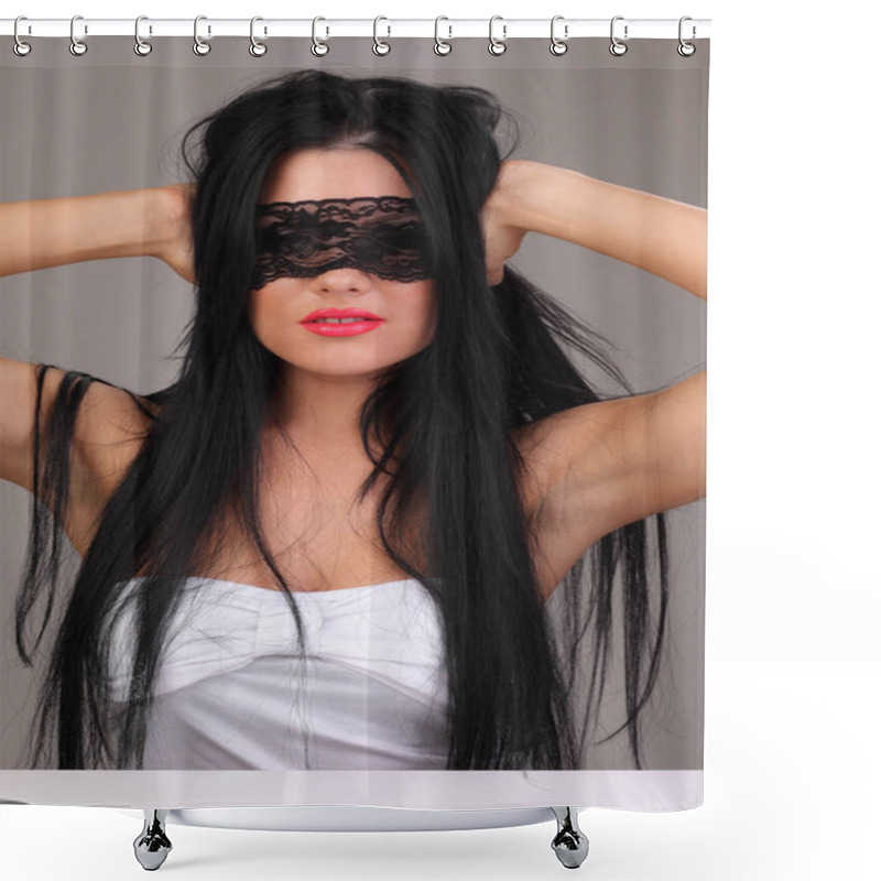 Personality  Stylish Woman Wearing A Black Lace Mask, Exuding Confidence And Allure Shower Curtains