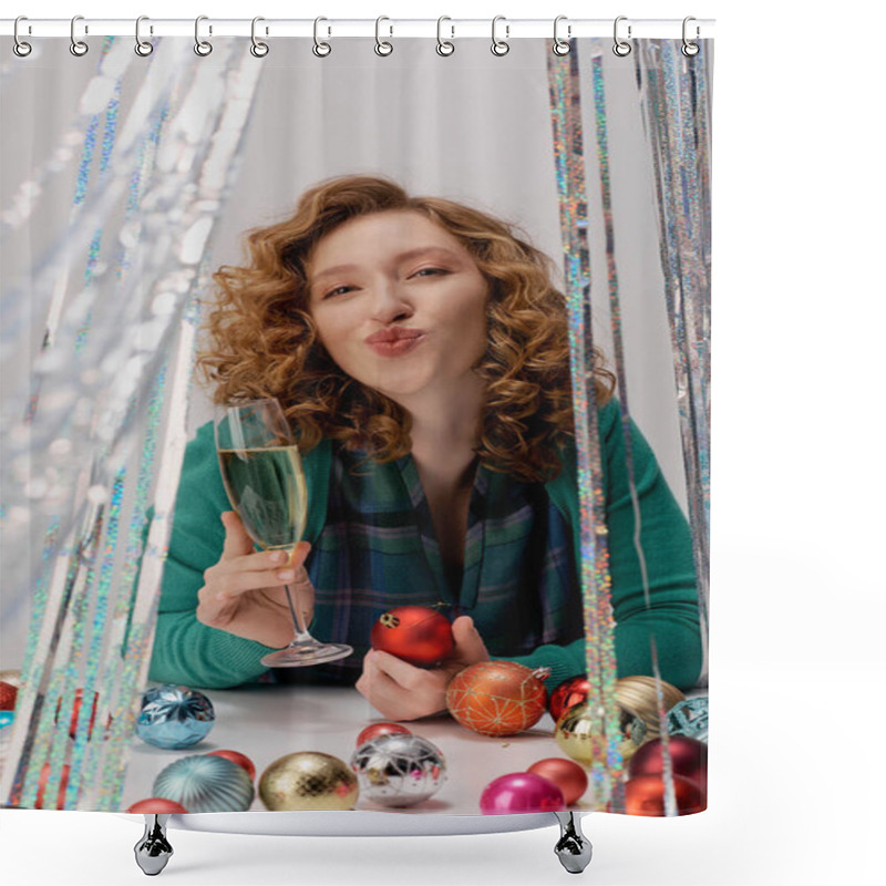 Personality  A Cheerful Young Woman Holds A Glass Of Sparkling Drink Surrounded By Festive Ornaments. Shower Curtains