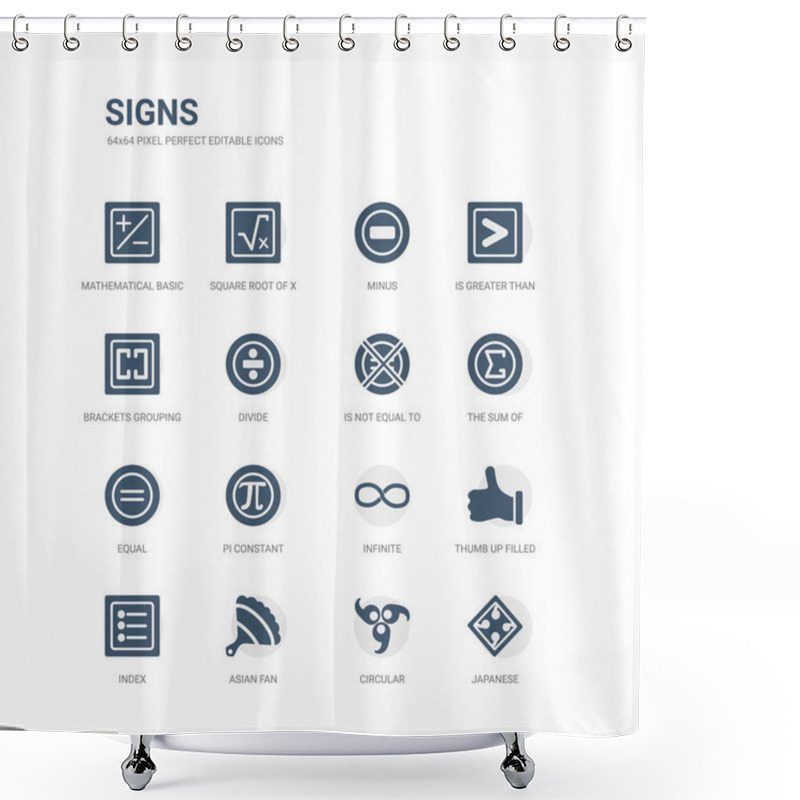 Personality  Simple Set Of Icons Such As Japanese, Circular, Asian Fan, Index, Thumb Up Filled Gesture, Infinite, Pi Constant, Equal, The Sum Of, Is Not Equal To. Related Signs Icons Collection. Editable 64x64 Shower Curtains