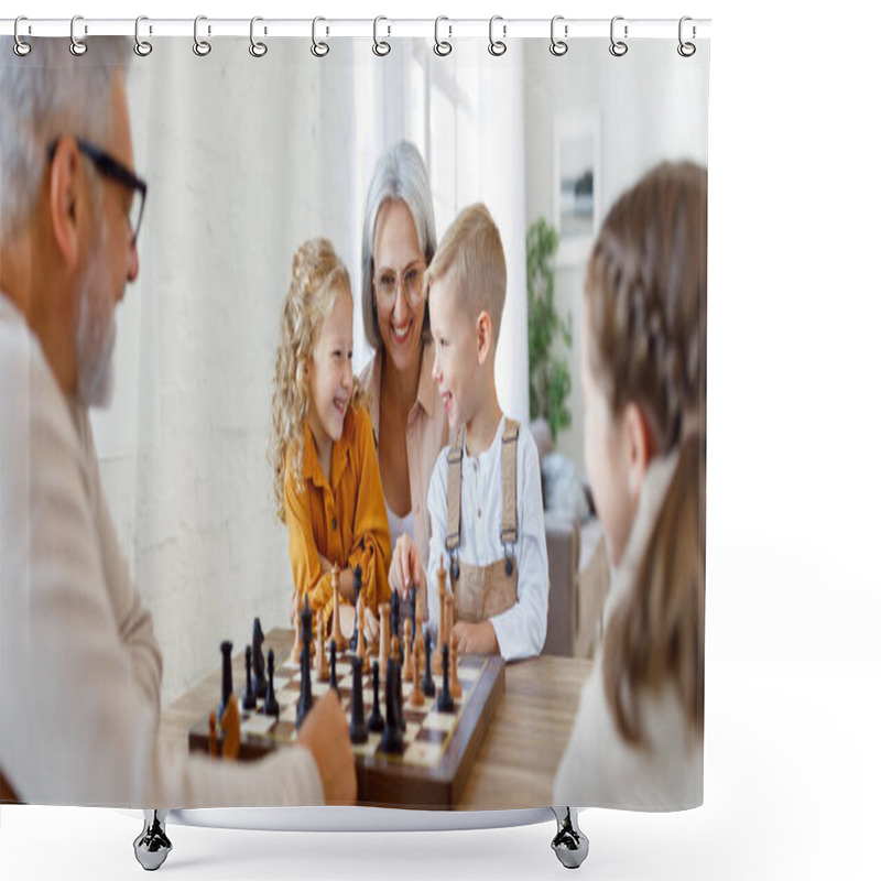 Personality  Children Brother And Sister Playing Chess While Sitting In Living Room With Senior Grandparents Shower Curtains