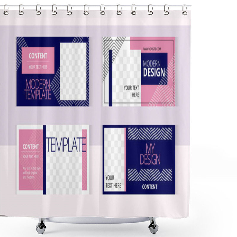 Personality  Elegant Pink And Dark Blue Linear Patterns. Background Set Horizontal Banner Templates With Frame For Images. Shower Curtains