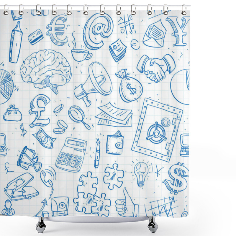 Personality  Seamless Pattern Of Blue Doodles On Business And Money Theme On Paper Of Cells Shower Curtains