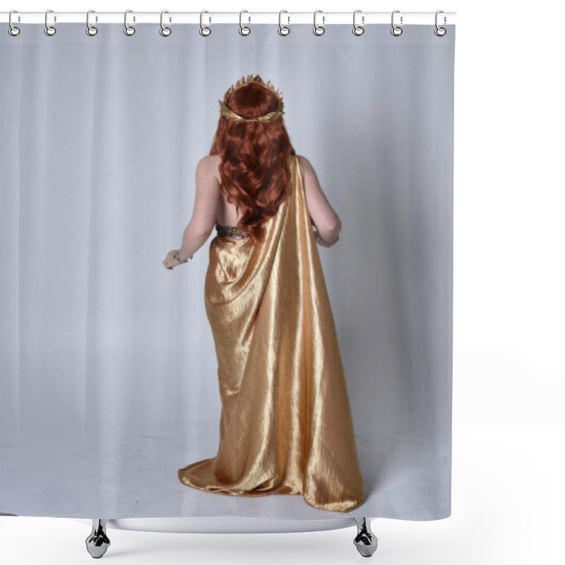 Personality  Full Length Portrait Of Girl With Red Hair Wearing Long Grecian Toga And Golden Wreath. Standing Pose With Back To The Camera,  Isolated Against A Grey Studio Background. Shower Curtains