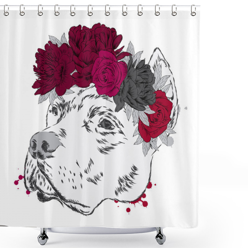 Personality  Pitbull In A Wreath Of Flowers. Dog Vector. Shower Curtains