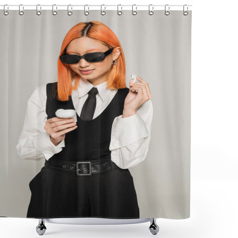 Personality  Smiling Asian Woman With Dyed Red Hair Looking At Case With Wireless Earphones On Grey Background, Positive Emotion, Dark Sunglasses, White Shirt, Black Tie And Vest, Business Casual Fashion Shower Curtains