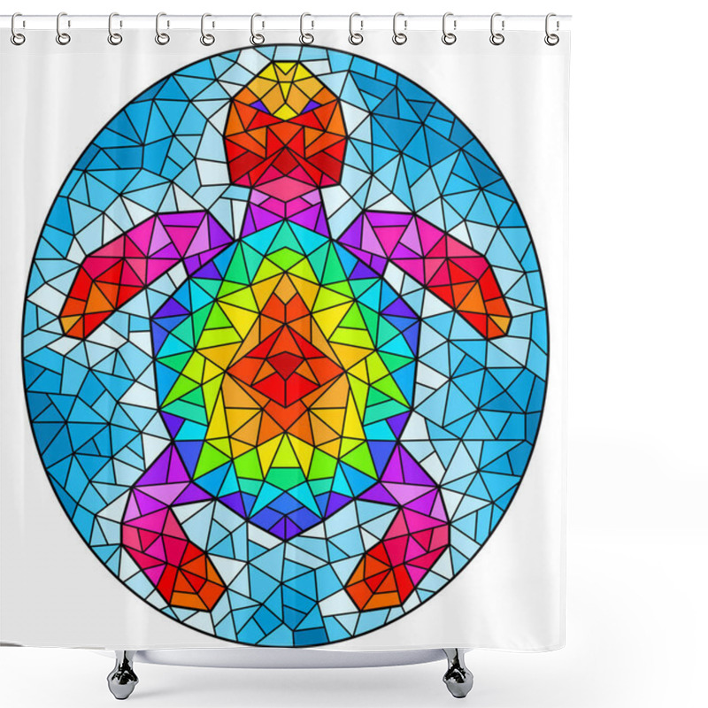 Personality  Illustration In Stained Glass Style With An Abstract Rainbow Mosaic Turtle On A Blue Background, Oval Image Shower Curtains