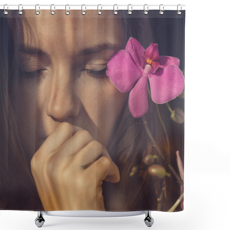 Personality  Woman With Closed Eyes And Flower In Hair Shower Curtains