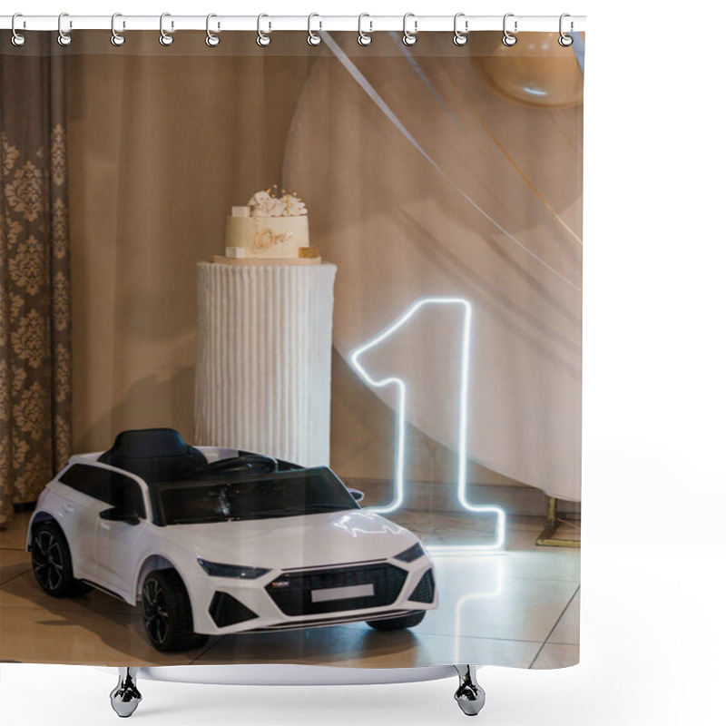 Personality  Elegant First Birthday Celebration With Toy Car And Cake Decoration. Shower Curtains