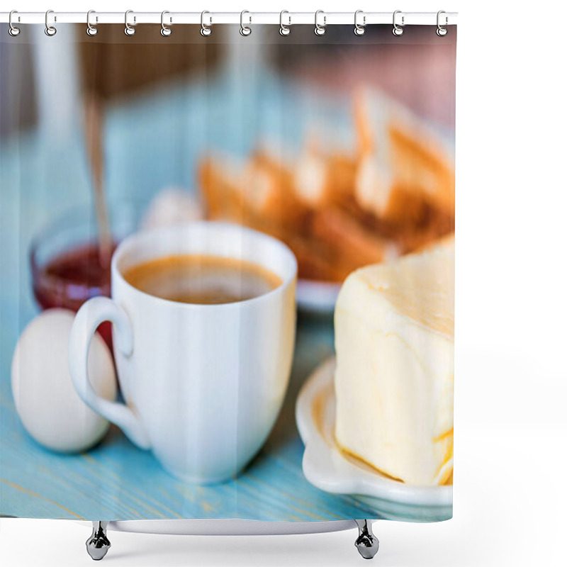 Personality  Breakfast With Coffee, Eggs, Toasts, Cheese, Jam Shower Curtains