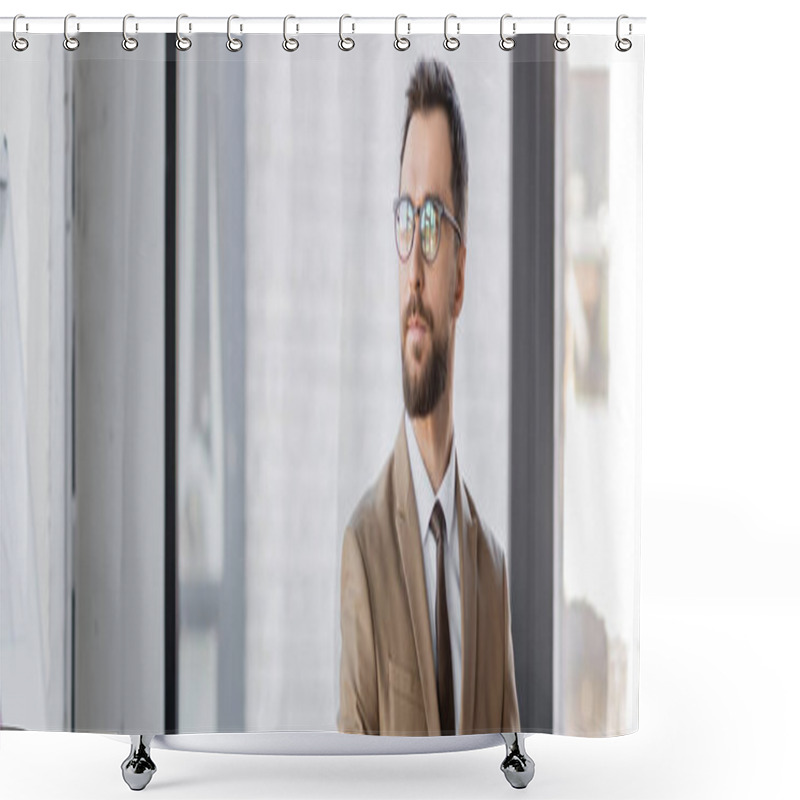 Personality  Accomplished And Confident Bearded Businessman In Beige Blazer, Tie And Stylish Eyeglasses Looking Away While Standing In Contemporary Office On Blurred Background, Banner Shower Curtains