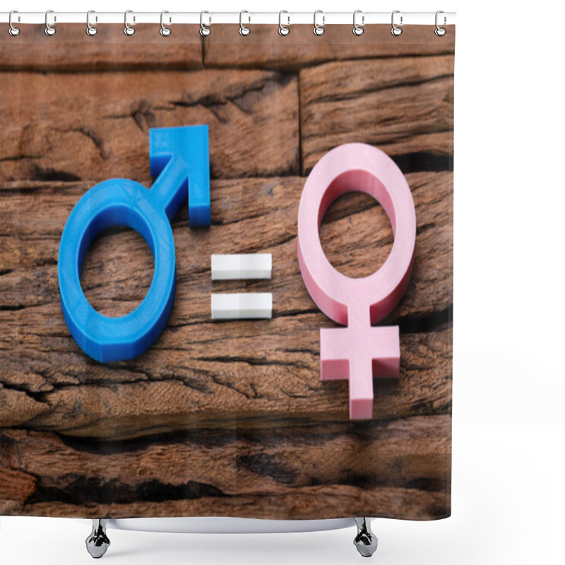 Personality  Photo Of Gender Equality Concept Over Wooden Background Shower Curtains