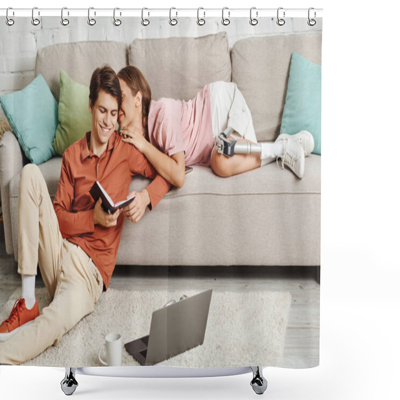 Personality  A Couple Relaxes On A Couch, The Woman With A Prosthetic Leg, Sharing A Moment Of Intimacy. Shower Curtains