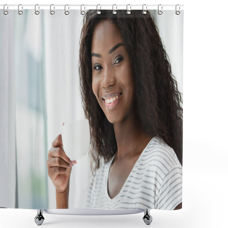 Personality  Brunette African American Woman Holding Cup With Coffee And Looking At Camera Shower Curtains