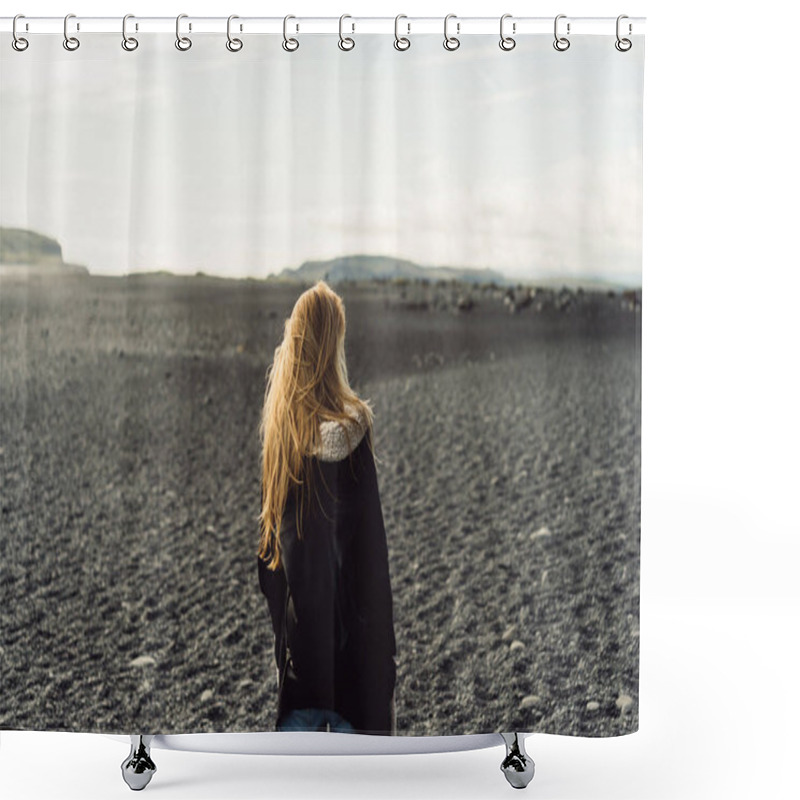 Personality  Back View Of Young Woman Looking At Beautiful Wild Icelandic Landscape Shower Curtains