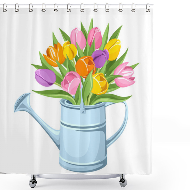 Personality  Bouquet Of Tulips In Watering Can. Vector Illustration. Shower Curtains