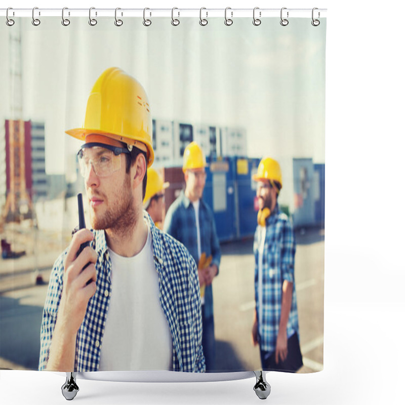 Personality  Group Of Builders In Hardhats With Radio Shower Curtains