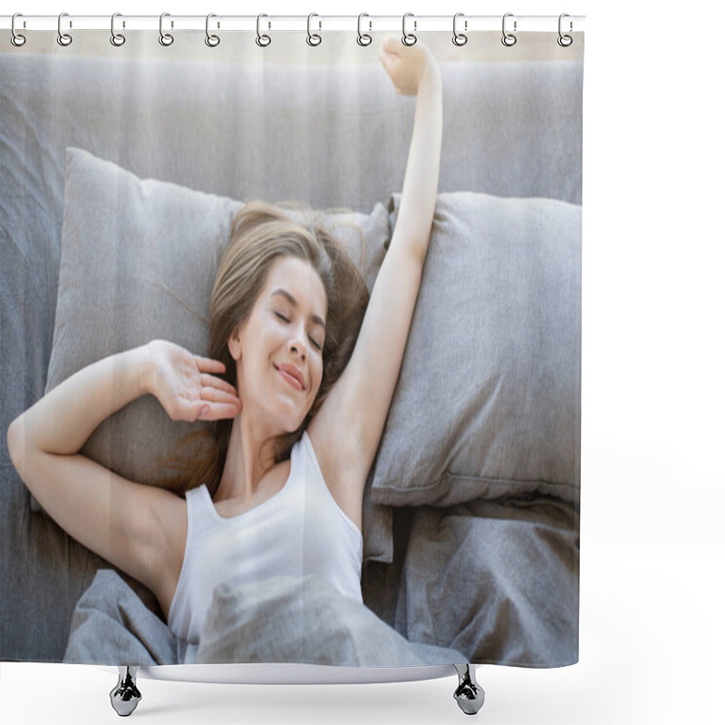 Personality  Lovely Young Lady Stretching On Comfortable Bed, Being Lazy On Sunday Morning, Overhead View Shower Curtains