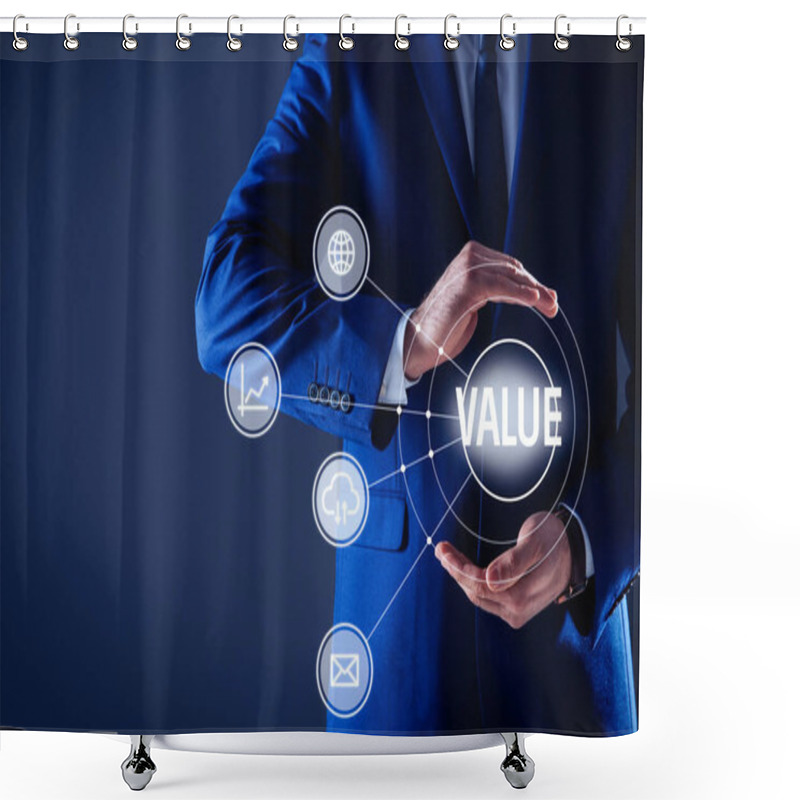 Personality  Businessman Demonstrating Directions Of Added Values On Blue Background, Closeup Shower Curtains